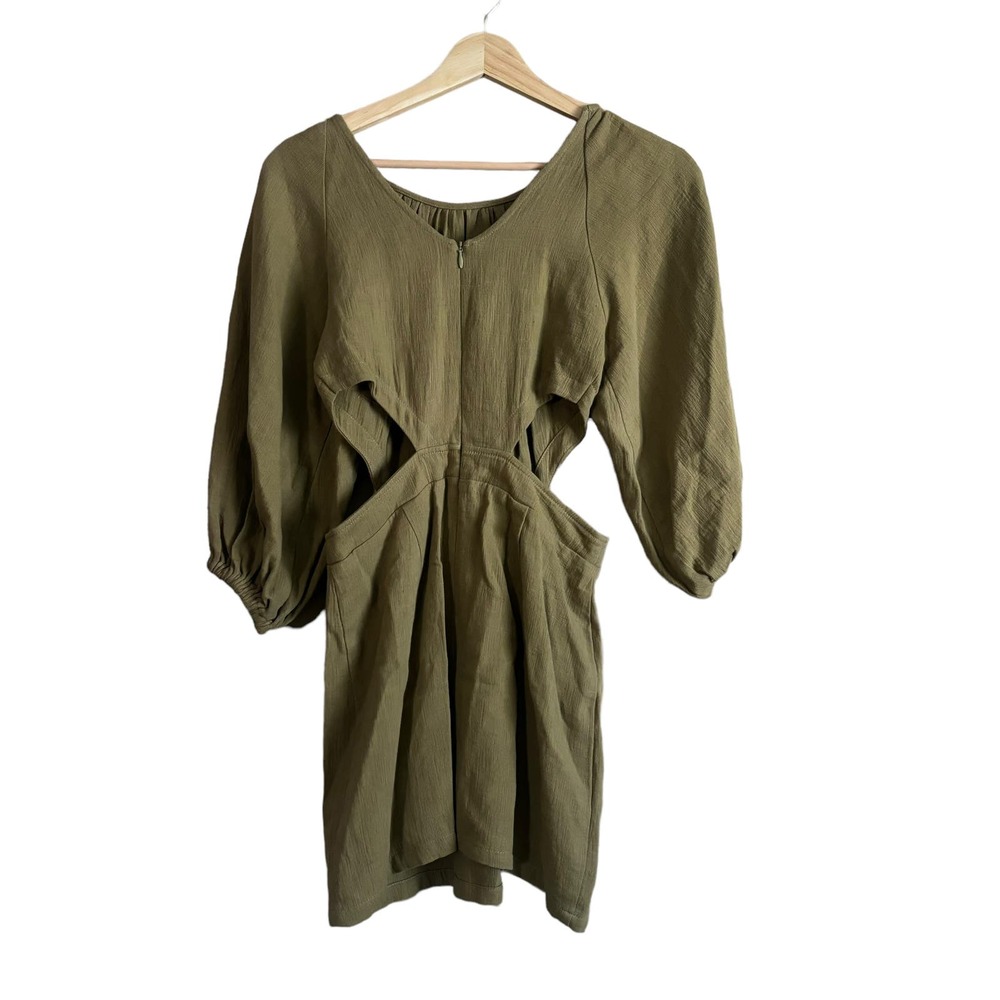Maurie + Eve Another Day Mini Dress Olive Green XS Puff Sleeves Cut Out Cotton - Picture 5 of 12